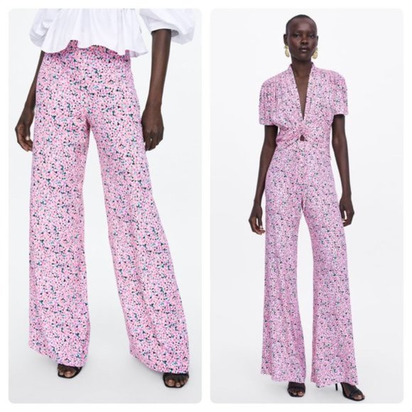 Zara Pants & Jumpsuits Nwt Zara Pink Floral Wide Leg Flare Pants